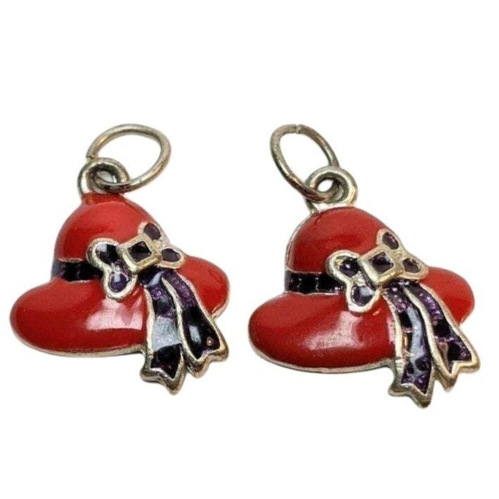 Red Hat Charm Earrings With Purple Bow Accents Vintage Style Enamel & Metal Desi